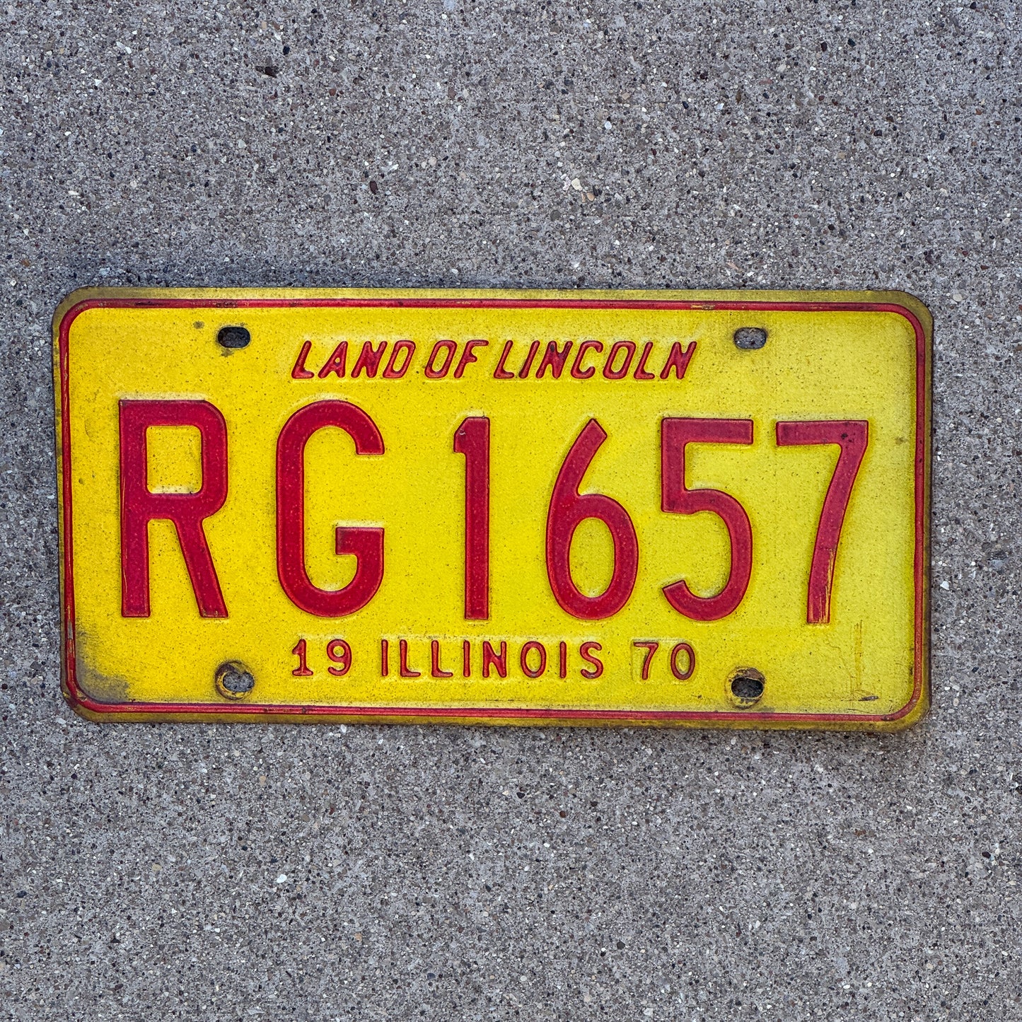 Photo of a 1970 Illinois License Plate Auto Tag 1 Vintage Garage RG 1657 with original patina