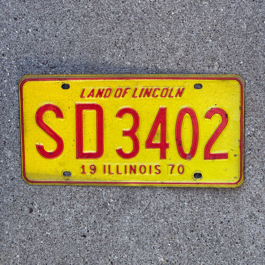 Photo of a 1970 Illinois License Plate Auto Tag 1 Vintage Garage SD 3402 with original patina