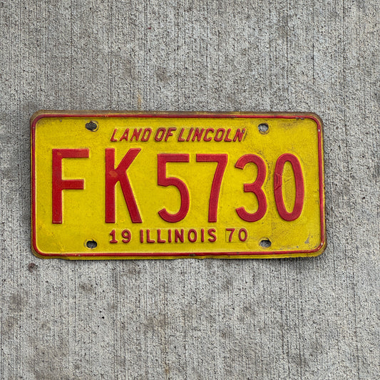 Photo of a 1970 Illinois License Plate Auto Tag 2 Vintage Garage FK 5730 with original patina