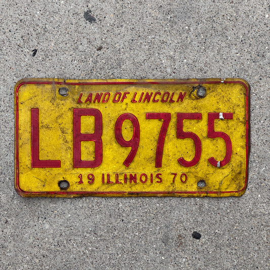 Photo of a 1970 Illinois License Plate Auto Tag 2 Vintage Garage LB 9755 with original patina
