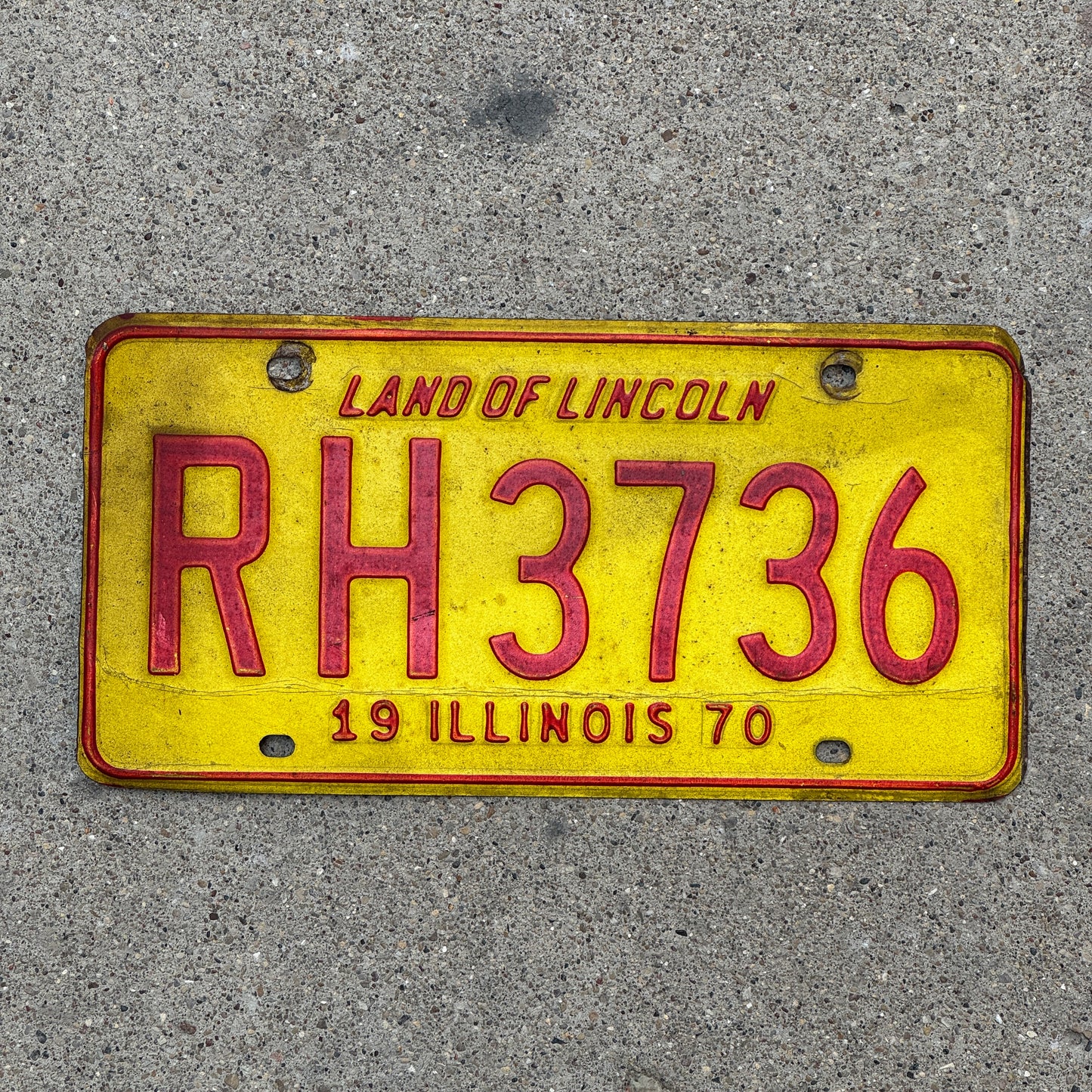 Photo of a 1970 Illinois License Plate Auto Tag 2 Vintage Garage RH 3736 with original patina