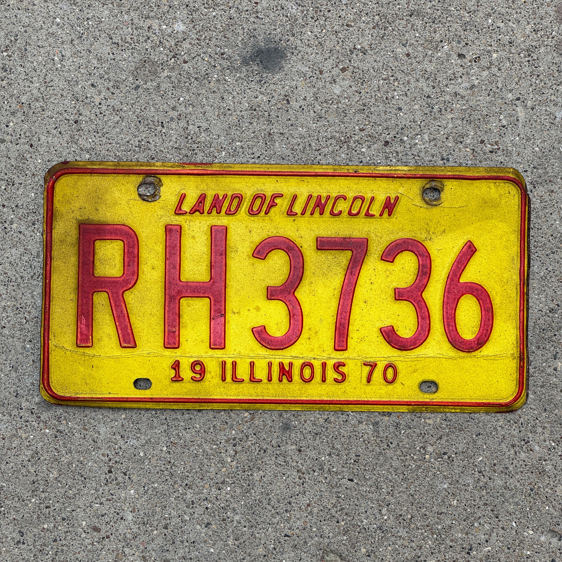 Photo of a 1970 Illinois License Plate Auto Tag 2 Vintage Garage RH 3736 with original patina