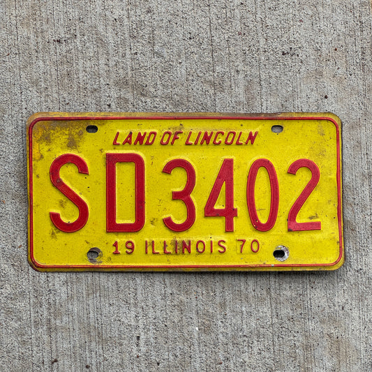 Photo of a 1970 Illinois License Plate Auto Tag 2 Vintage Garage SD 3402 with original patina