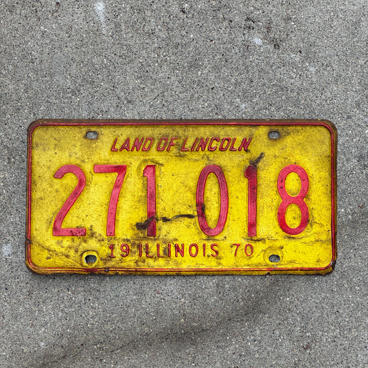Photo of a 1970 Illinois License Plate Auto Tag Garage Decor Vintage 271 018 with original patina