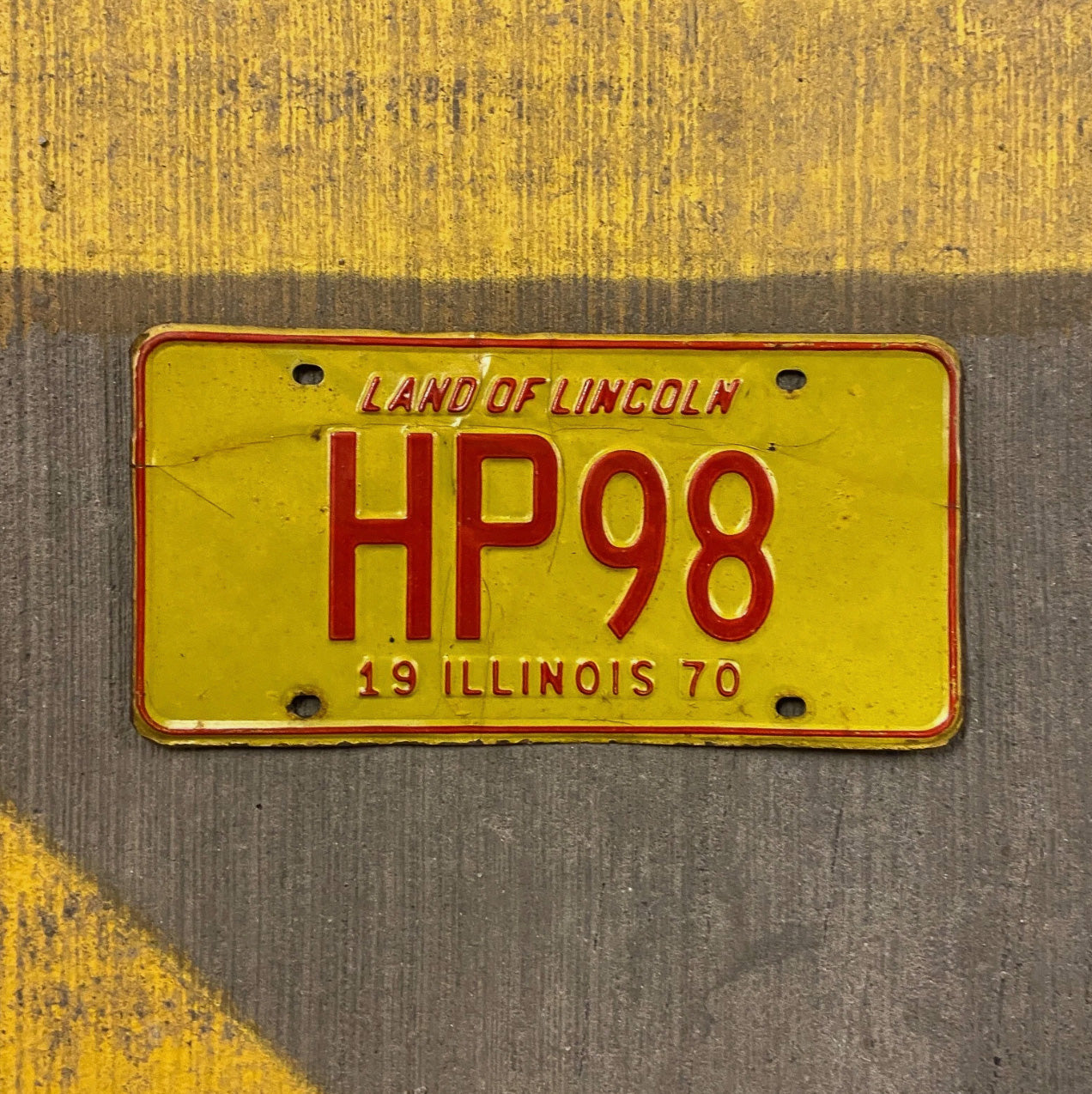 Photo of a 1970 Illinois License Plate Auto Tag Garage Decor Vintage HP 98 with original patina