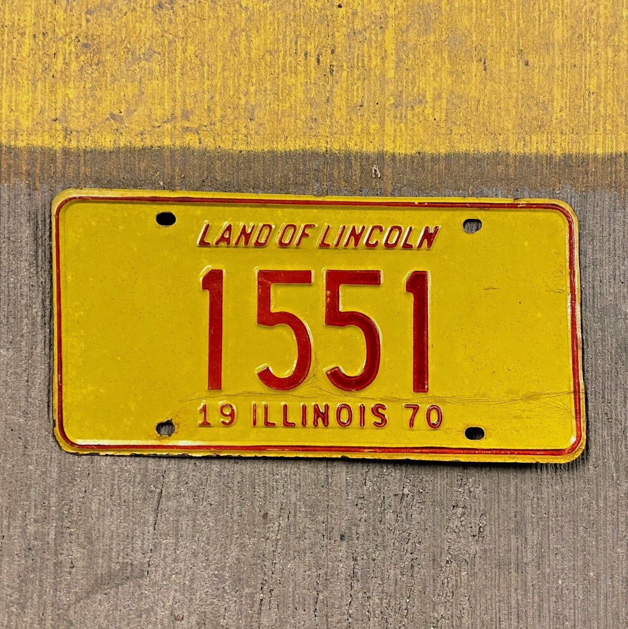 Photo of a 1970 Illinois License Plate Auto Tag Garage Decor Vintage Low Number Four Digit 1551 with original patina