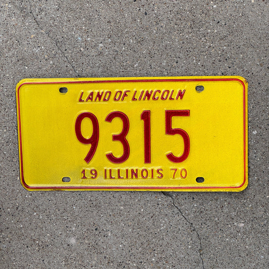 Photo of a 1970 Illinois License Plate Auto Tag Garage Decor Vintage Low Number Four Digit 9315 with original patina