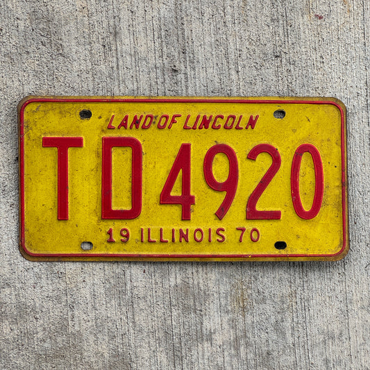 Photo of a 1970 Illinois License Plate Auto Tag Garage Decor Vintage TD 4920 with original patina