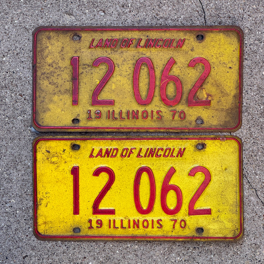 Photo of a 1970 Illinois License Plate Pair Auto Tag Garage Decor Vintage 12 062 with original patina