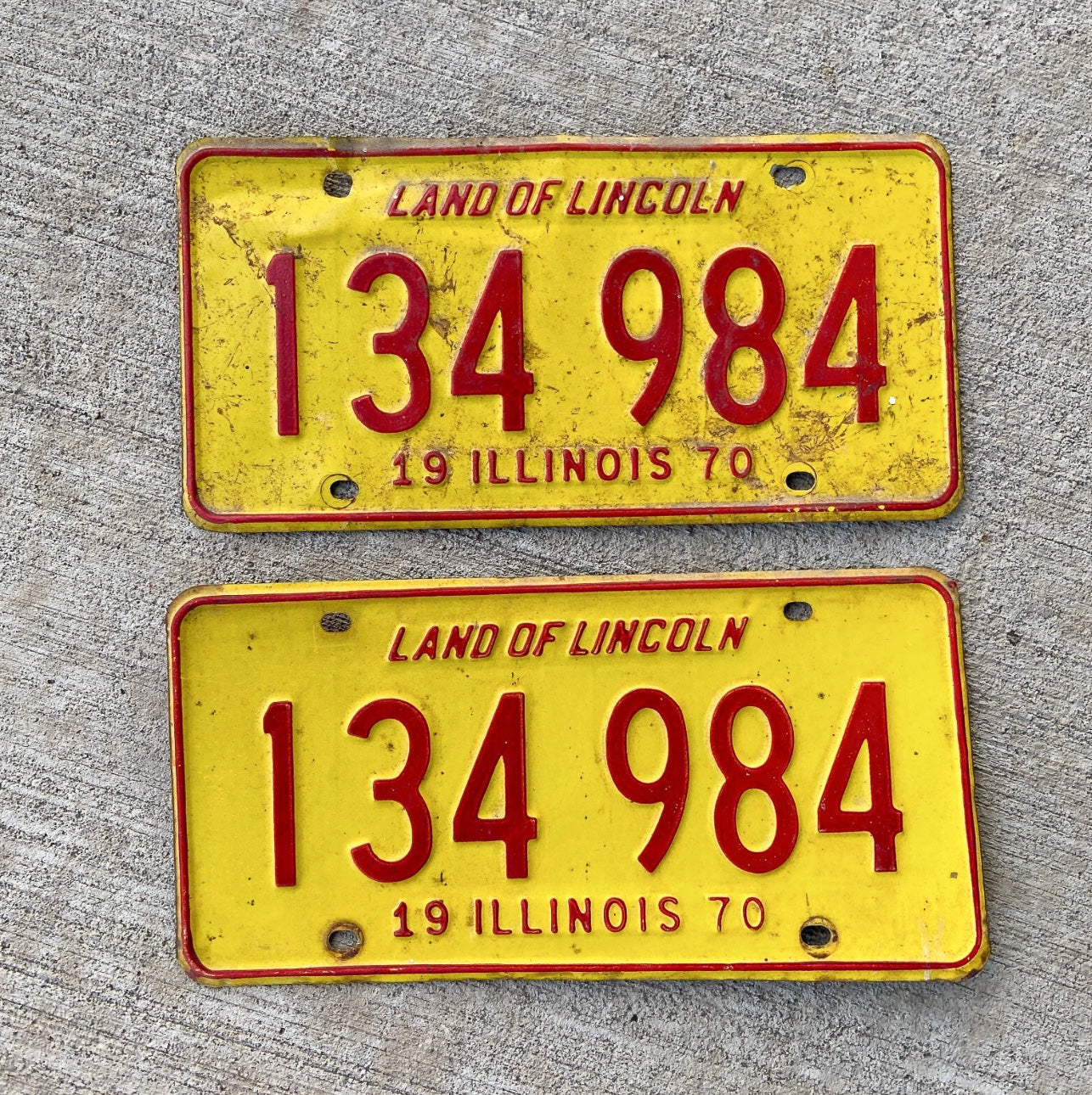 Photo of a 1970 Illinois License Plate Pair Auto Tag Garage Decor Vintage 134984 with original patina