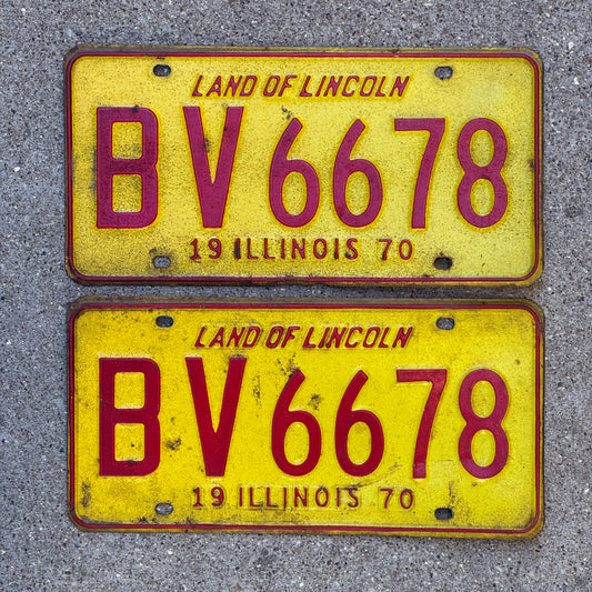 Photo of a 1970 Illinois License Plate Pair Auto Tag Garage Decor Vintage BV 6678 with original patina