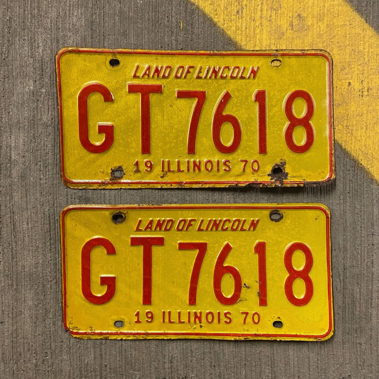Photo of a 1970 Illinois License Plate Pair Auto Tag Garage Decor Vintage GT 7618 with original patina