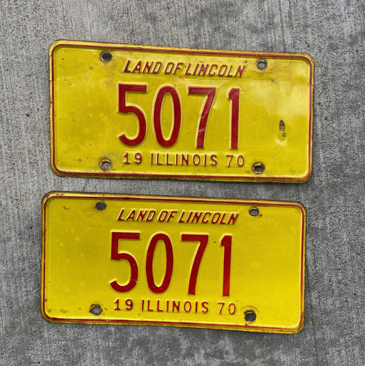 Photo of a 1970 Illinois License Plate Pair Auto Tag Garage Decor Vintage Low Number Four Digit 5071 with original patina