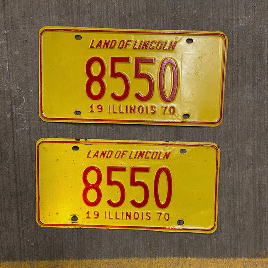 Photo of a 1970 Illinois License Plate Pair Auto Tag Garage Decor Vintage Low Number Four Digit 8550 with original patina