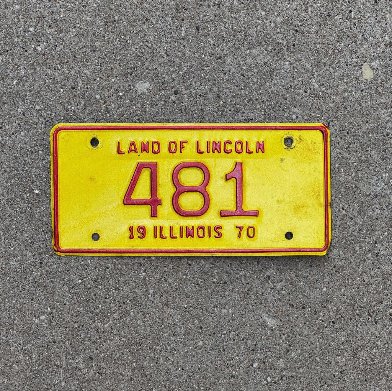 Photo of a 1970 Illinois Motorcycle License Plate Auto Tag Garage Decor Vintage Low Number Three Digit 481 with original patina