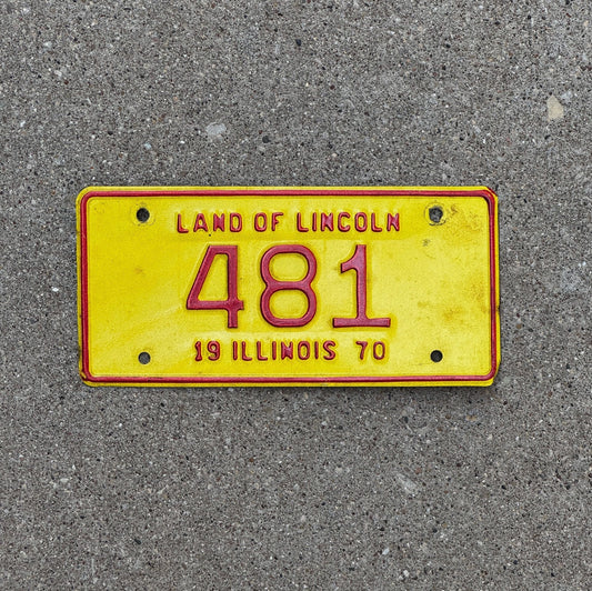 Photo of a 1970 Illinois Motorcycle License Plate Auto Tag Garage Decor Vintage Low Number Three Digit 481 with original patina