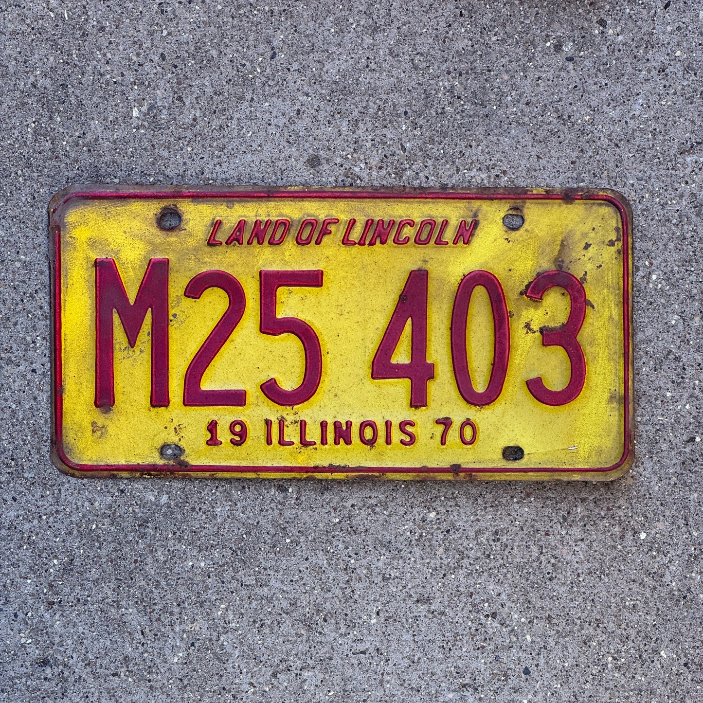 Photo of a 1970 Illinois Municipal License Plate Auto Tag 1 Vintage Garage M 25 403 with original patina