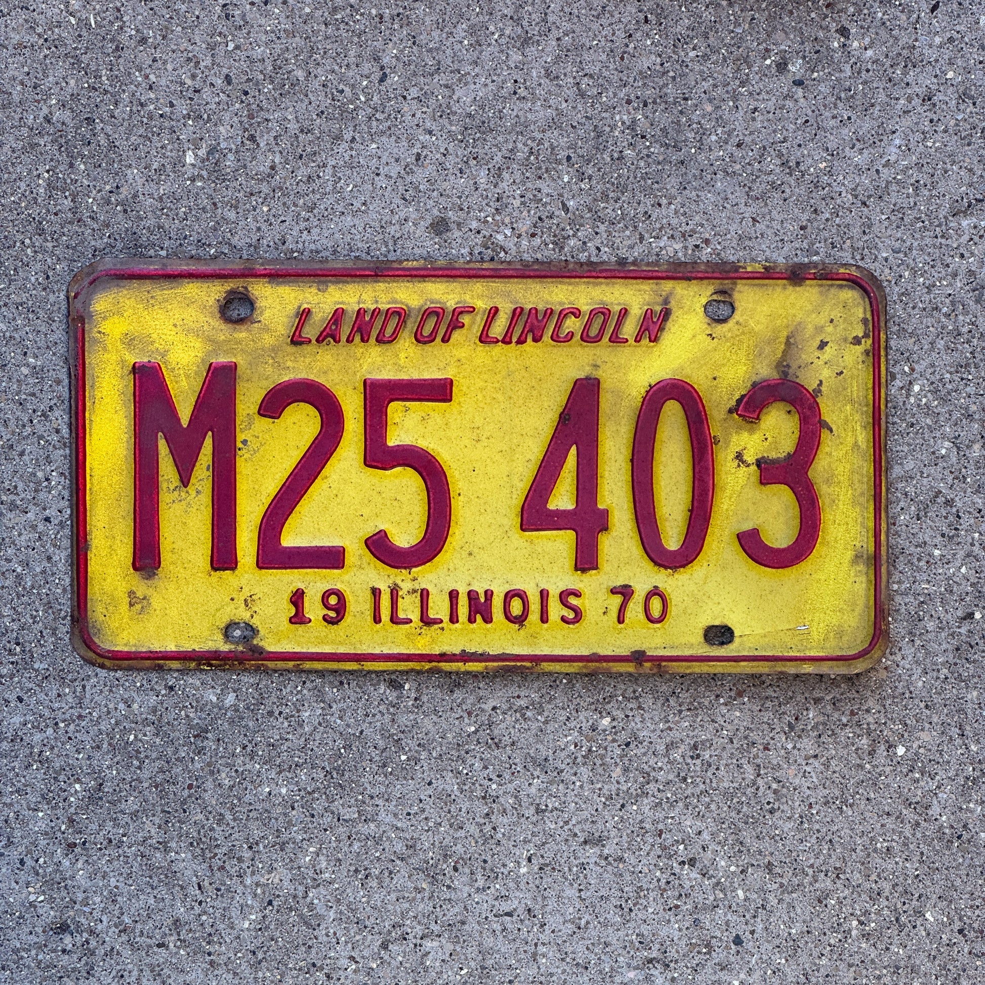 Photo of a 1970 Illinois Municipal License Plate Auto Tag 1 Vintage Garage M 25 403 with original patina