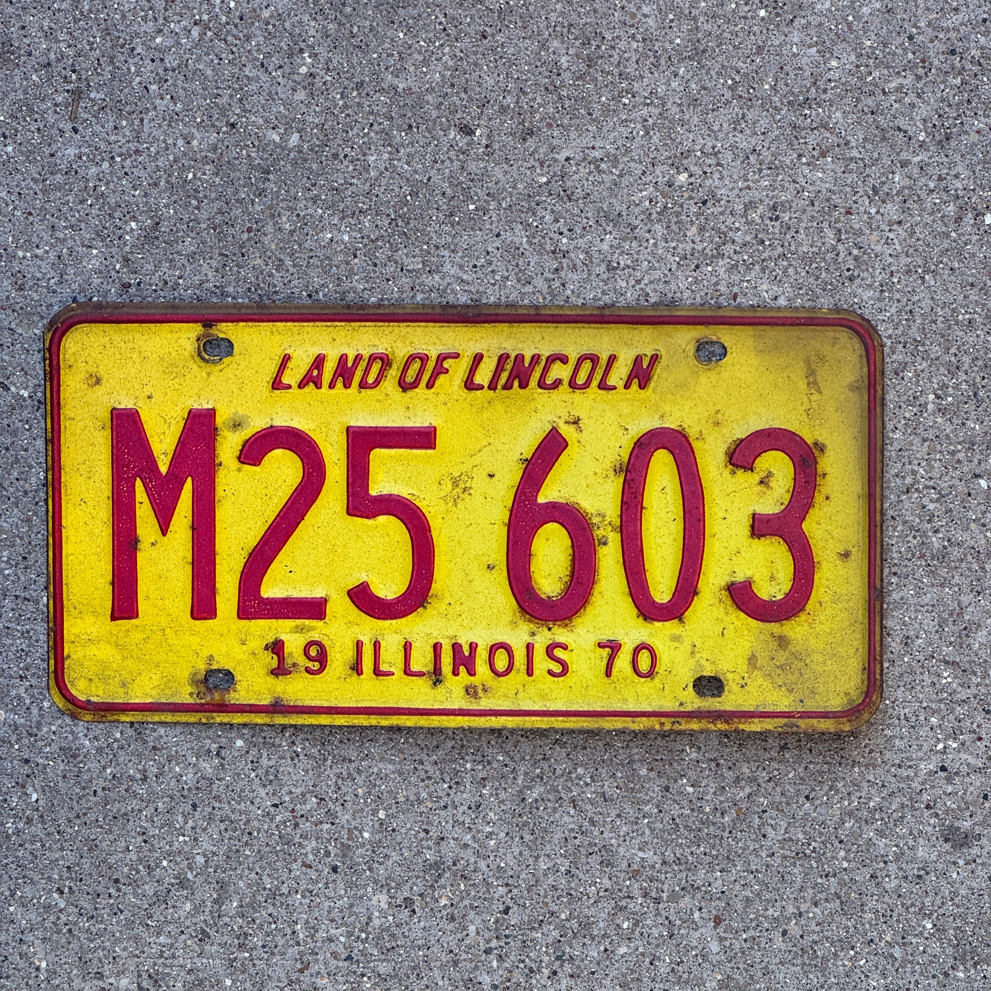Photo of a 1970 Illinois Municipal License Plate Auto Tag 1 Vintage Garage M 25 603 with original patina