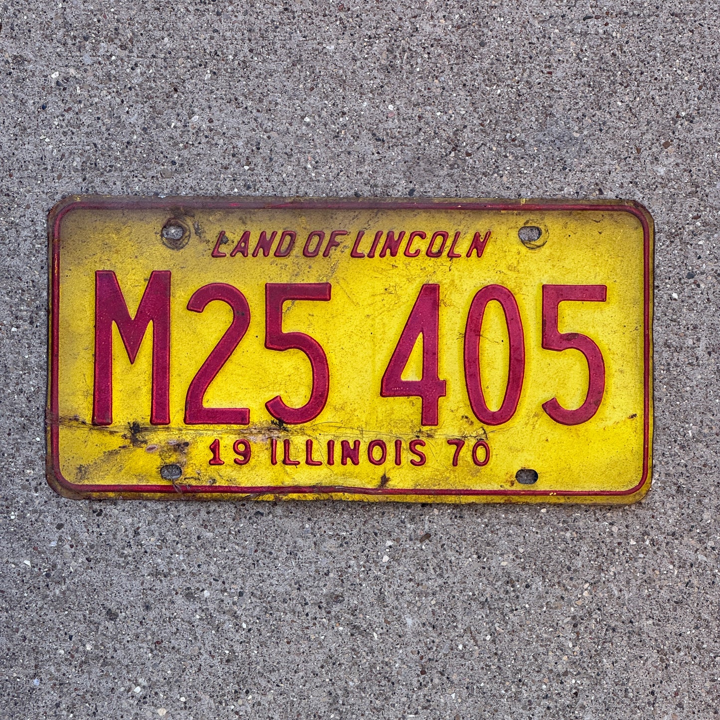 Photo of a 1970 Illinois Municipal License Plate Auto Tag 2 Vintage Garage M 25 405 with original patina