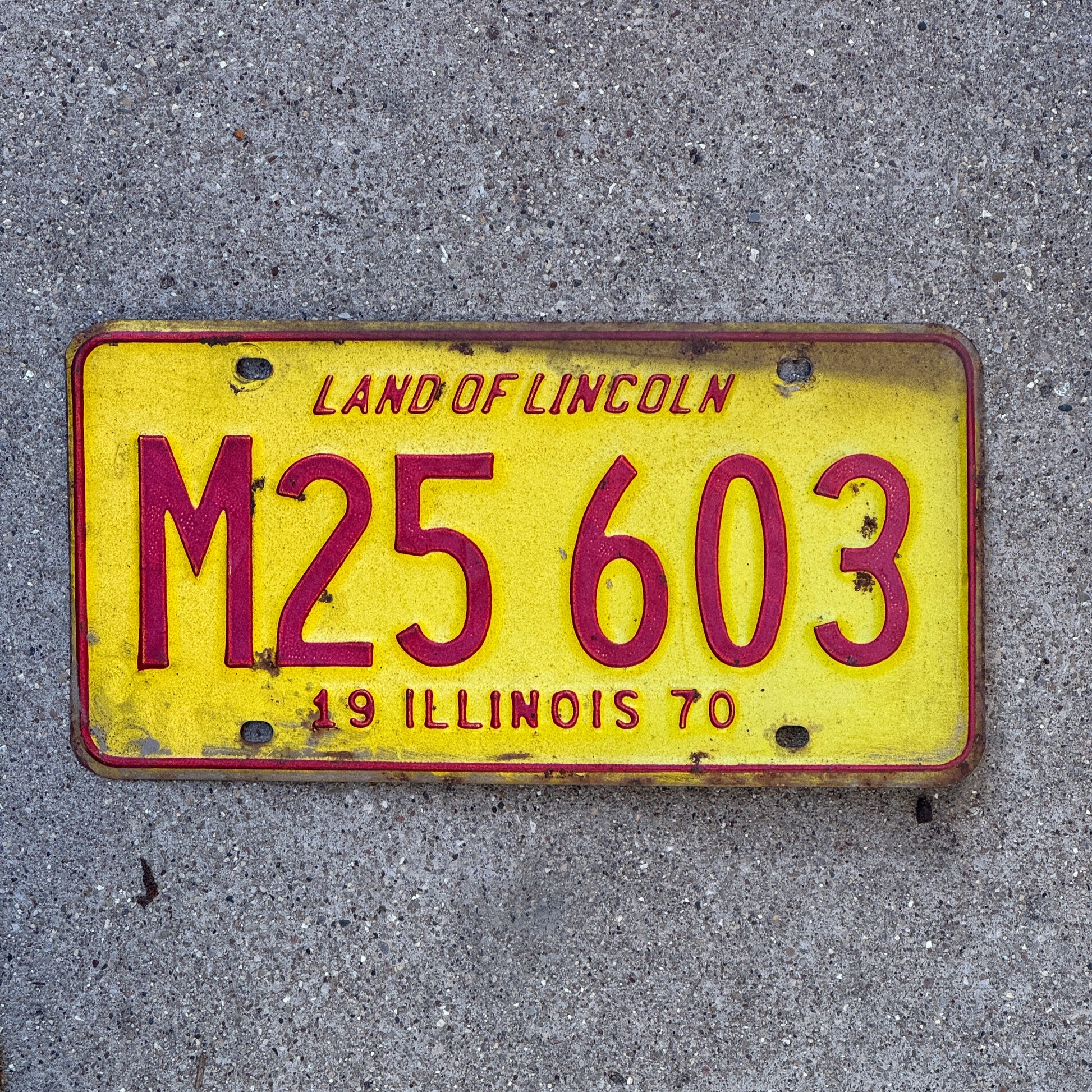 Photo of a 1970 Illinois Municipal License Plate Auto Tag 2 Vintage Garage M 25 603 with original patina