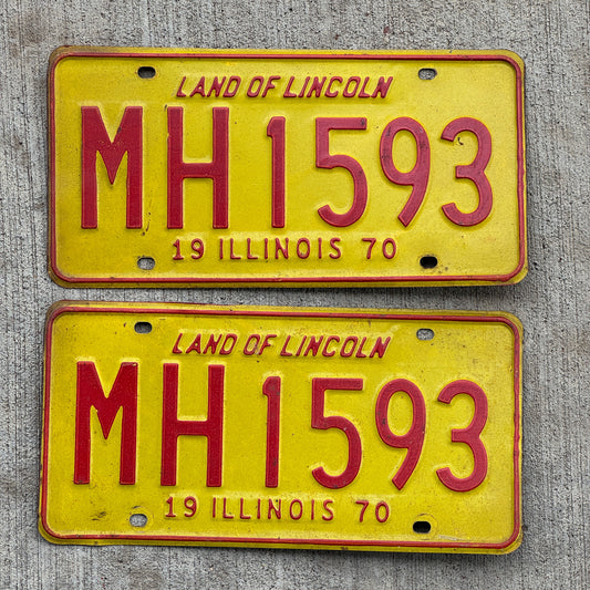 Photo of a 1970 Illinois Truck Mileage Tax License Plate Pair Auto Tag Garage Decor Vintage MH 1593 with original patina