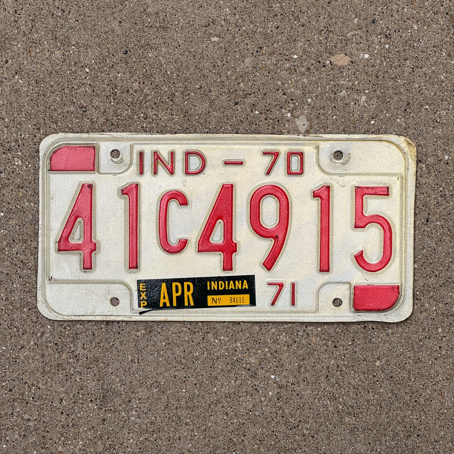 Photo of a 1970 Indiana License Plate Auto Tag Garage Decor Vintage 41 C 4915 with original patina
