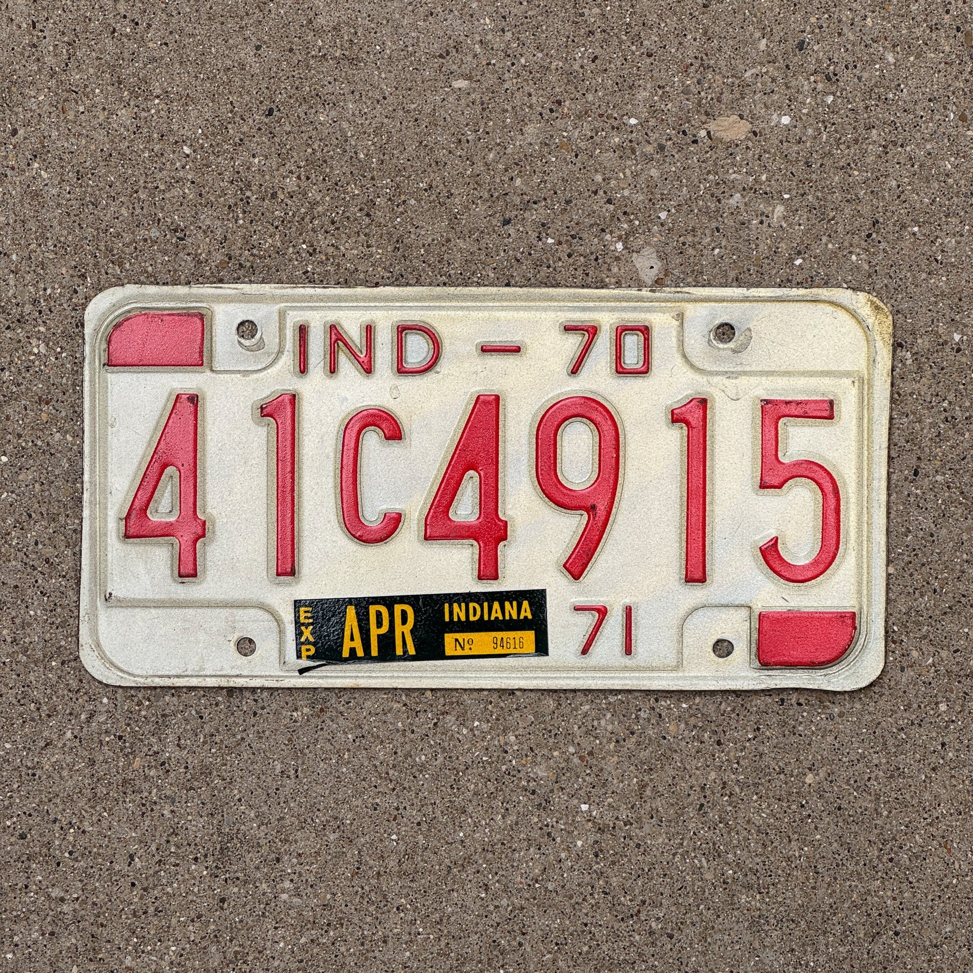 Photo of a 1970 Indiana License Plate Auto Tag Garage Decor Vintage 41 C 4915 with original patina