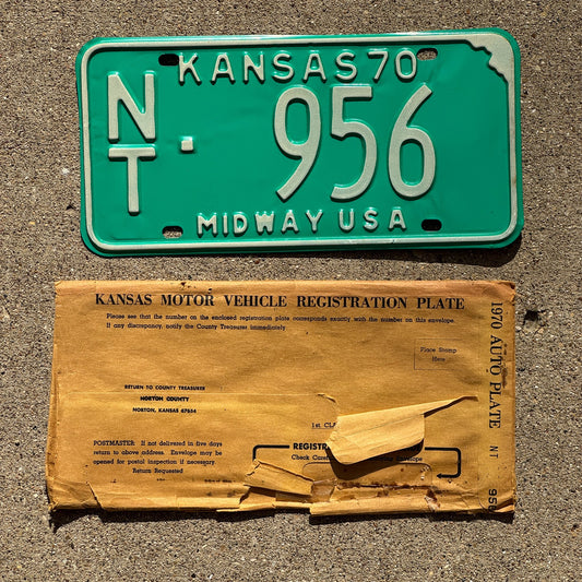 Photo of a 1970 Kansas License Plate Auto Tag Garage Decor Vintage With Envelope NT 956