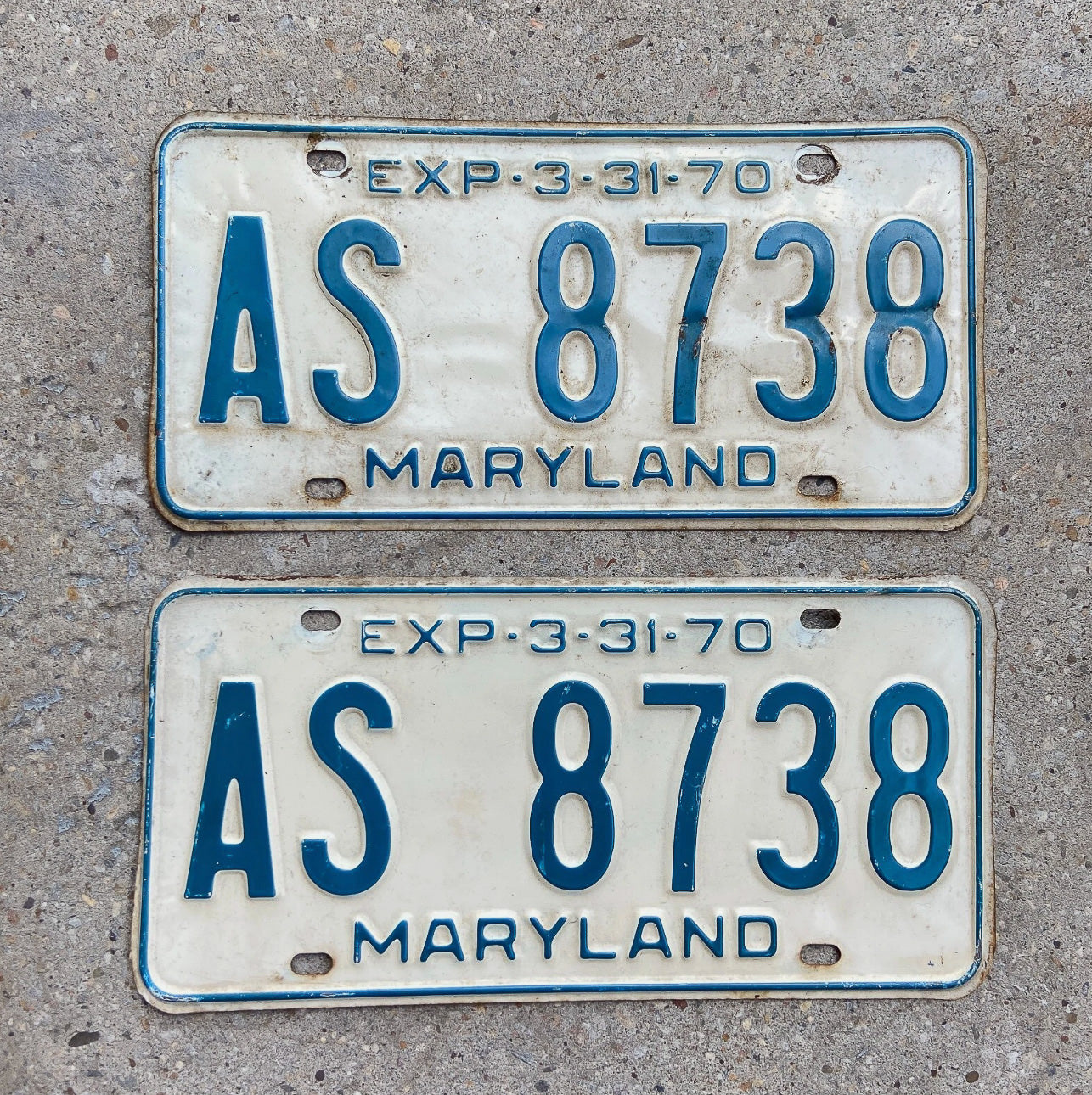 Photo of a 1970 Maryland License Plate Pair Auto Tag Garage Decor Vintage AS 8738 with original patina