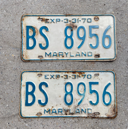 Photo of a 1970 Maryland License Plate Pair Auto Tag Garage Decor Vintage BS 8956 with original patina