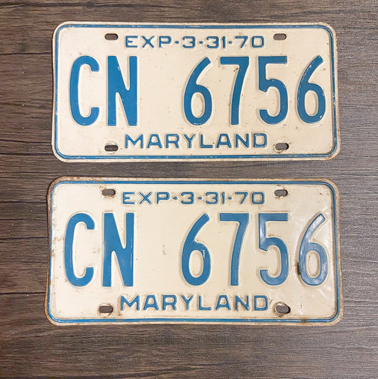 Photo of a 1970 Maryland License Plate Pair Auto Tag Garage Decor Vintage CN 6756 with original patina