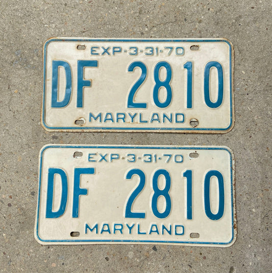 Photo of a 1970 Maryland License Plate Pair Auto Tag Garage Decor Vintage DF 2810 with original patina