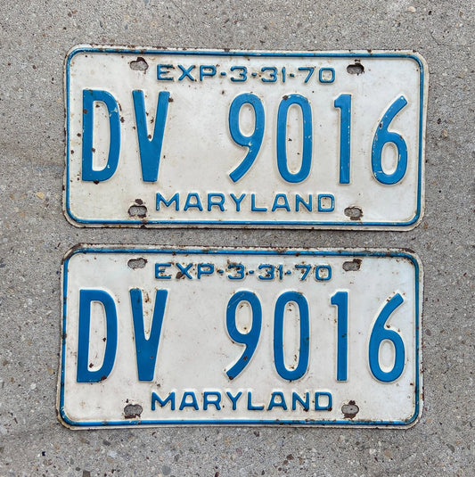 Photo of a 1970 Maryland License Plate Pair Auto Tag Garage Decor Vintage DV 9016 with original patina