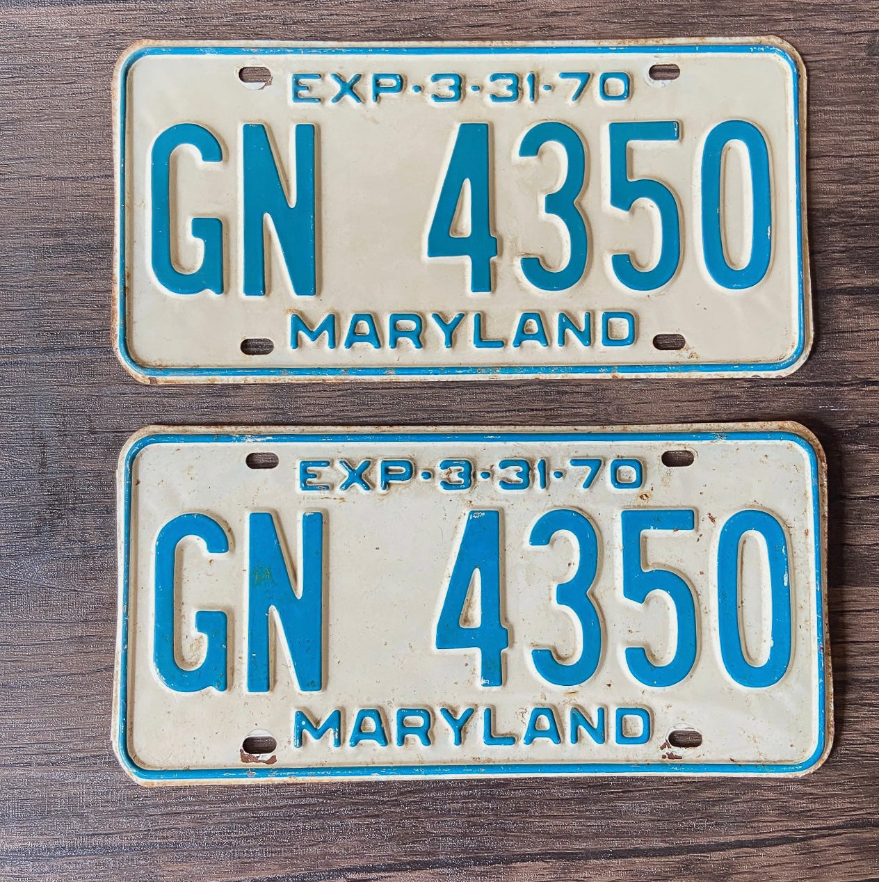 Photo of a 1970 Maryland License Plate Pair Auto Tag Garage Decor Vintage GN 4350 with original patina