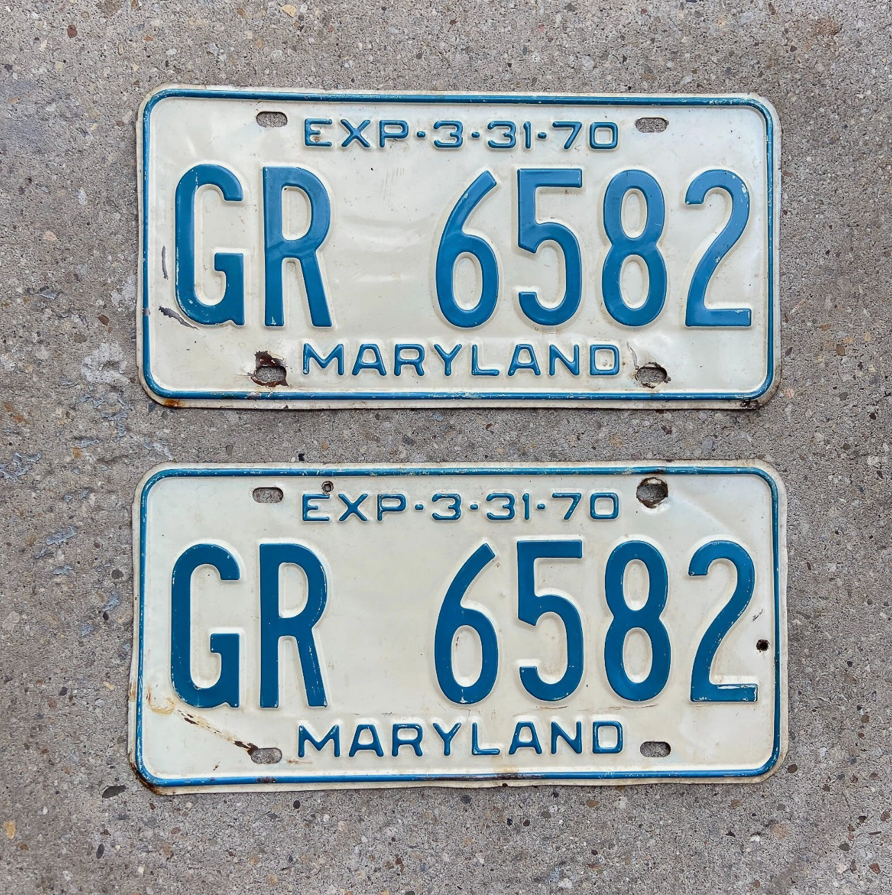 Photo of a 1970 Maryland License Plate Pair Auto Tag Garage Decor Vintage GR 6582 with original patina
