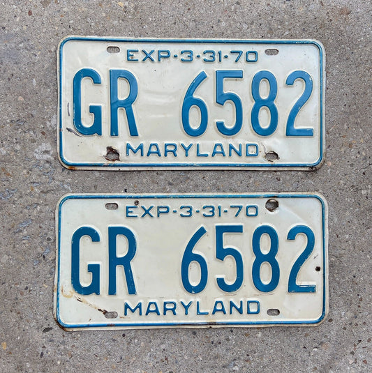 Photo of a 1970 Maryland License Plate Pair Auto Tag Garage Decor Vintage GR 6582 with original patina