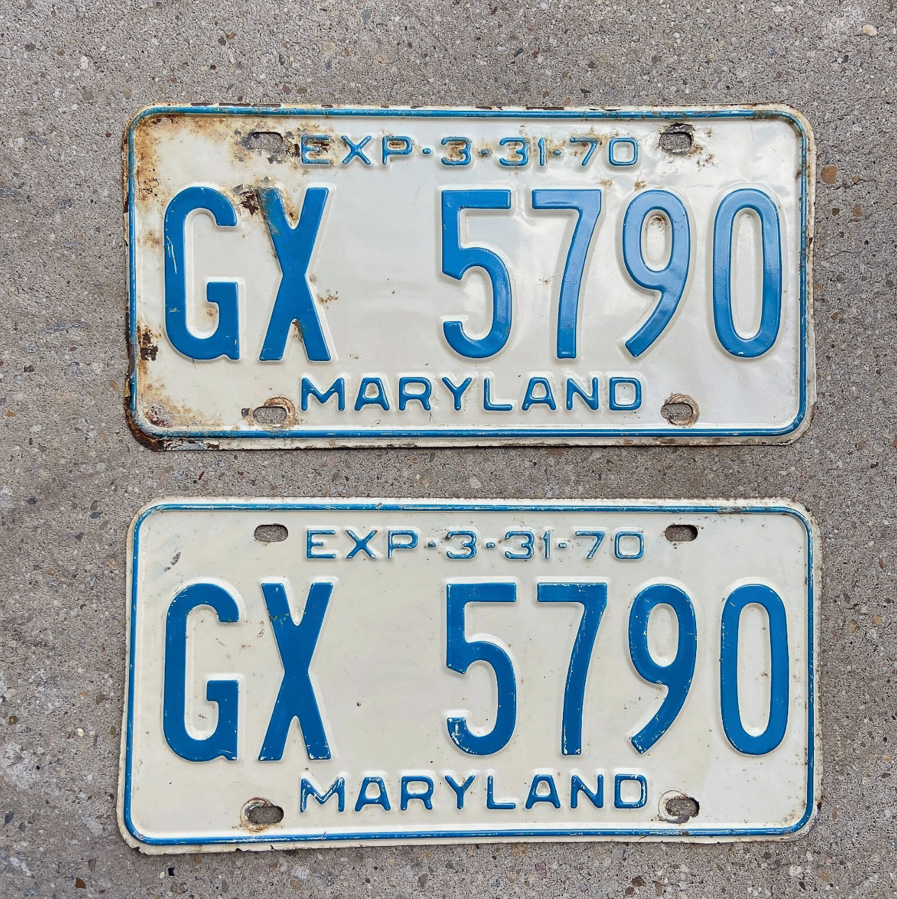 Photo of a 1970 Maryland License Plate Pair Auto Tag Garage Decor Vintage GX 5790 with original patina
