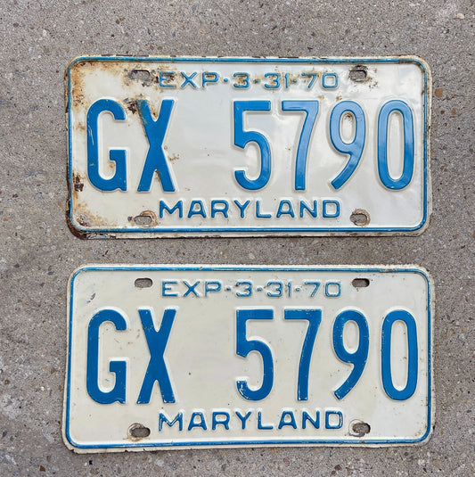 Photo of a 1970 Maryland License Plate Pair Auto Tag Garage Decor Vintage GX 5790 with original patina