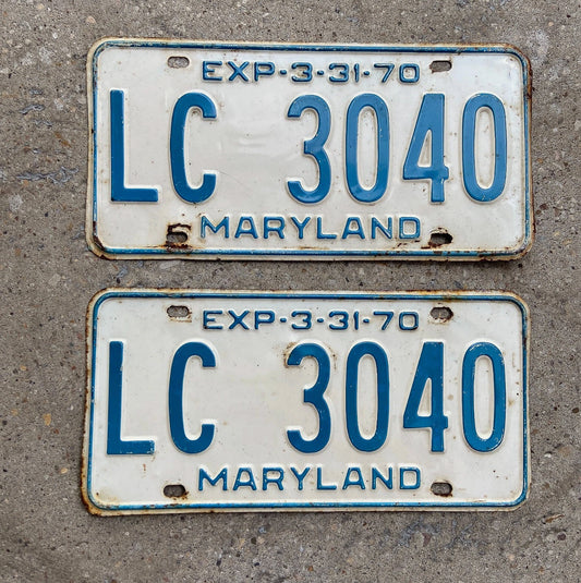 Photo of a 1970 Maryland License Plate Pair Auto Tag Garage Decor Vintage LC 3040 with original patina