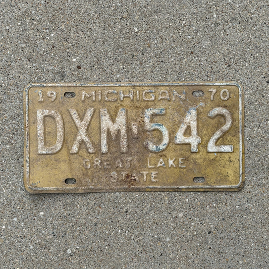 Photo of a 1970 Michigan License Plate Auto Tag 1 Vintage Garage DXM 542 with original patina