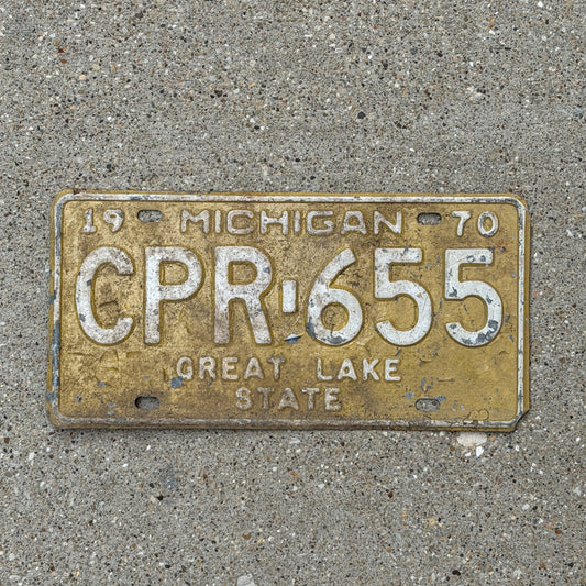 Photo of a 1970 Michigan License Plate Auto Tag Garage Decor Vintage CPR 655 with original patina