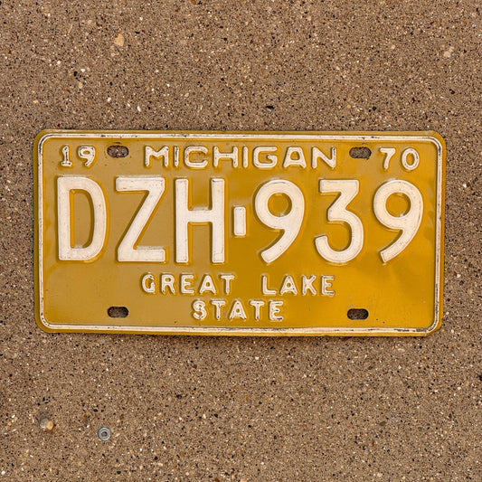 Photo of a 1970 Michigan License Plate Auto Tag Garage Decor Vintage DZH 939