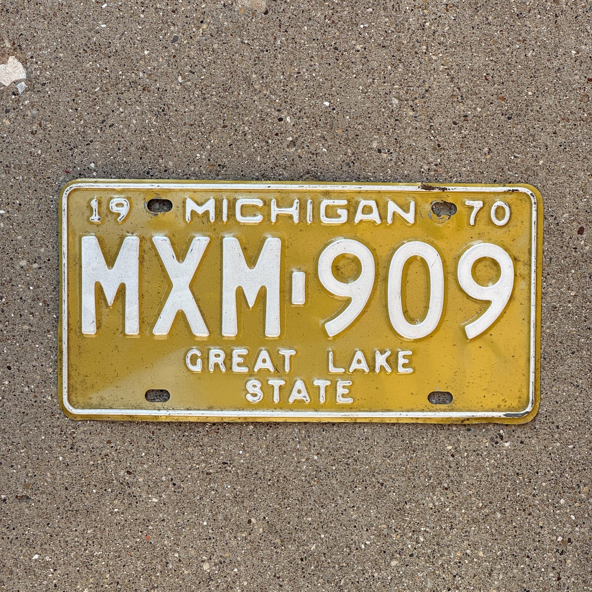 Photo of a 1970 Michigan License Plate Auto Tag Garage Decor Vintage MXM 909