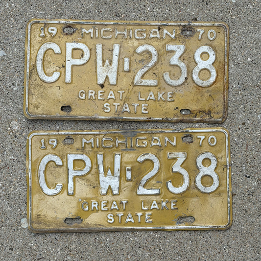 Photo of a 1970 Michigan License Plate Pair Auto Tag Garage Decor Vintage CPW 238 with original patina
