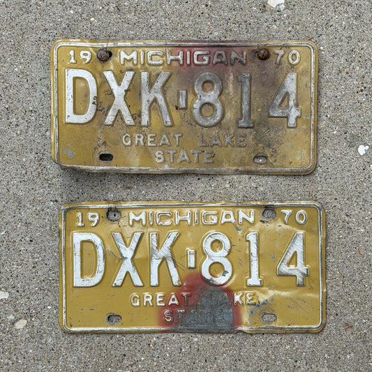 Photo of a 1970 Michigan License Plate Pair Auto Tag Garage Decor Vintage DXK 814 with original patina