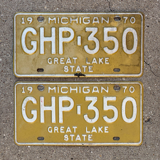 Photo of a 1970 Michigan License Plate Pair Auto Tag Garage Decor Vintage GHP 350