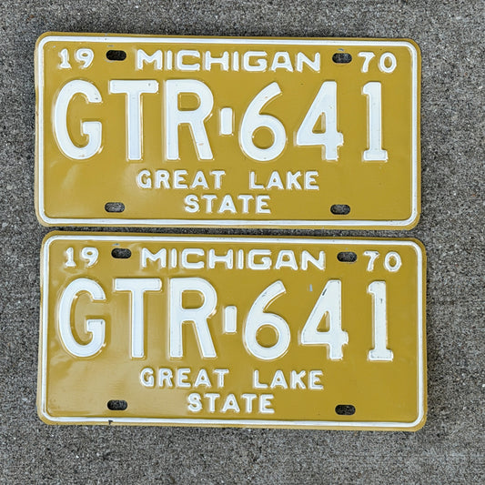 Photo of a 1970 Michigan License Plate Pair Auto Tag Garage Decor Vintage GTR 641 with original patina