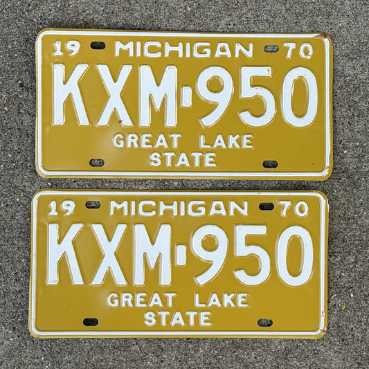 Photo of a 1970 Michigan License Plate Pair Auto Tag Garage Decor Vintage KXM 950 with original patina