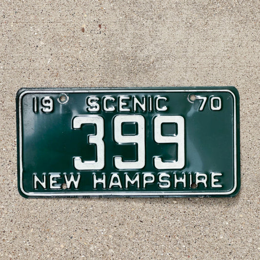 Photo of a 1970 New Hampshire License Plate Auto Tag 1 Vintage Garage Low Number Three Digit 399 with original patina